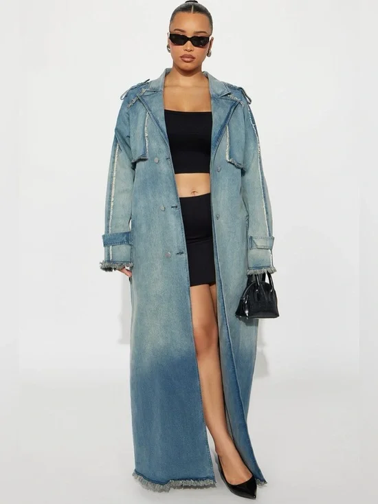 Washed Blue Denim Trench Coat - Picture 6 of 7